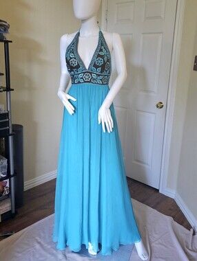 Turquoise Halter Maxi Dress with Embroidered Bodice
